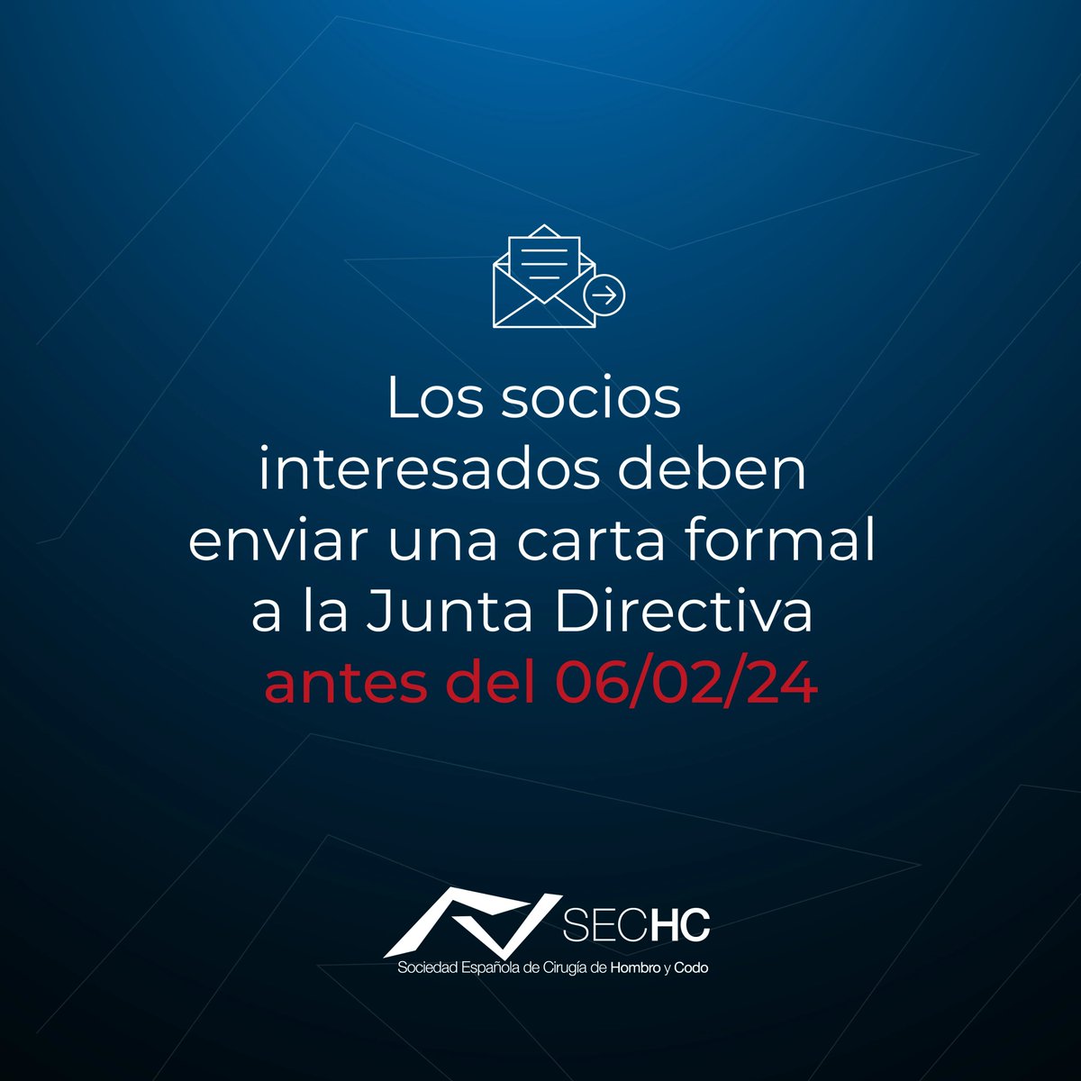🔴ABIERTO EL PLAZO DE CANDIDATURAS A...🔴

- Vicepresidente
- Vicesecretario

✉️Todos los socios interesados deberán enviar una carta formal a la Junta Directiva antes del 06/02/2024, según estatutos.

Anímate y presenta tu candidatura, ¡nos encantará contar contigo!