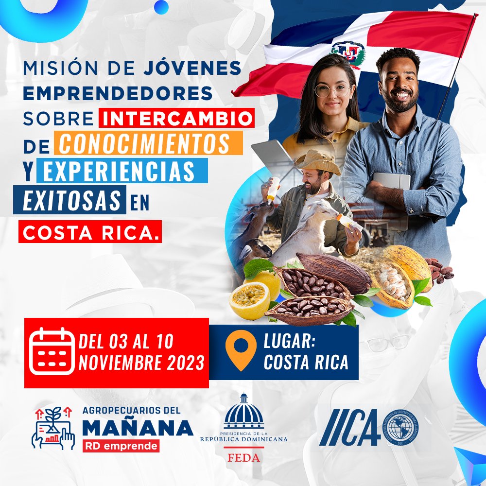 Feda_RD's tweet photo. 🌱🌱 Jóvenes emprendedores del programa Agropecuarios del Mañana y RD Emprende se embarcan en una misión para compartir sabiduría agropecuaria en Costa Rica.
📅 Del 03 al 10 de noviembre de 2023.
📍 Costa Rica
#Emprendimiento #Agricultura #CostaRica #FEDA #RDEmprende #IICA https://t.co/zFMVcAlNQ2