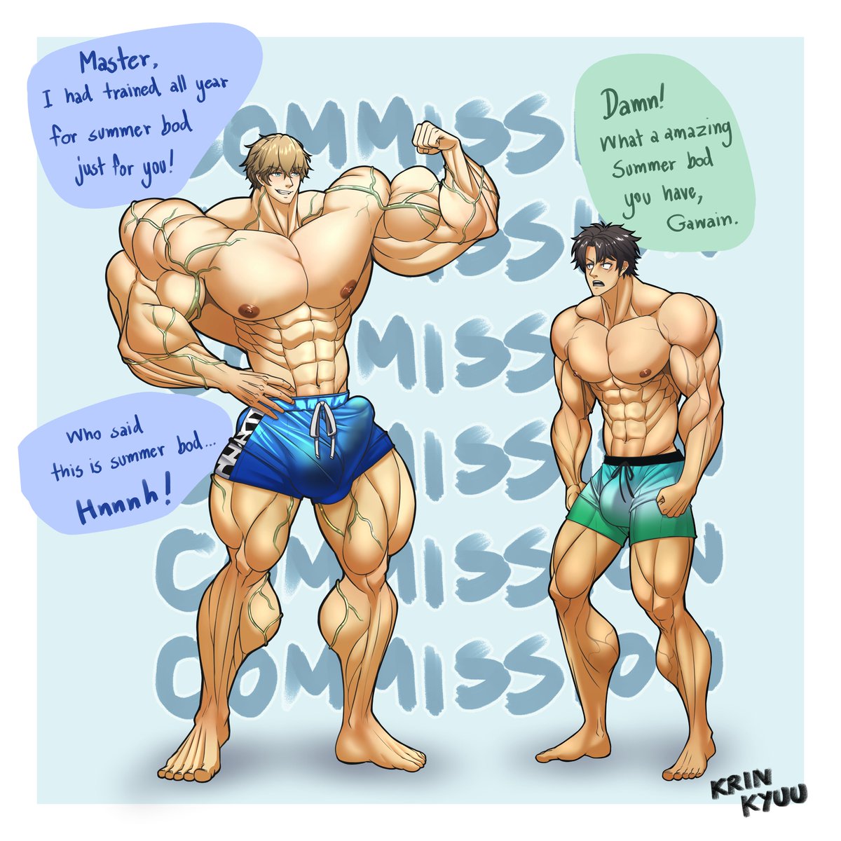 Krinkyuu's tweet photo. "It's a shame that summer singularity has come to an end and there is no swimming pool to go to, but Gawain is here to help."
Commission by @MellinChiggyMc 🍆💦🚿❤️🏊‍♂️ https://t.co/AIatchjbXm