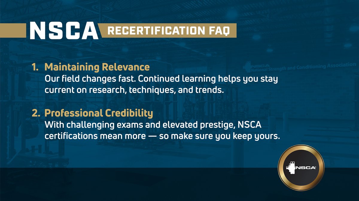 NSCA's tweet photo. See how recertification helps your relevance, credibility, trust, protection, & networking in 10 Reasons to Recertify Part 1!
Stay tuned for Part 2 coming soon and explore more with #RecertifyNSCA
Have questions about your recertification? Get answers at https://t.co/SyNzsWumZp https://t.co/Eo0eiH419d