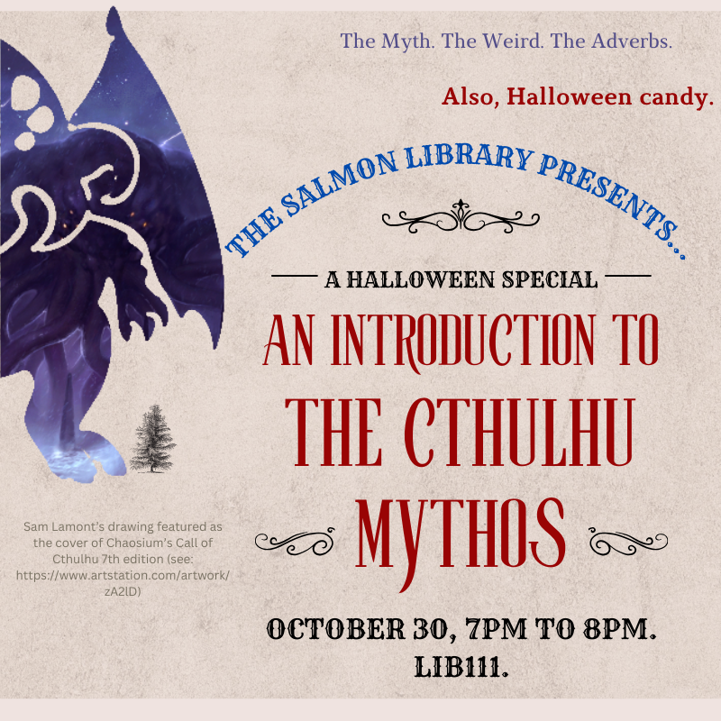 UAHLibrary's tweet photo. Tonight! Doug talks about Lovecraft, Cthulhu, and other weirdness. Tomorrow! Candy, Dead Technology, and Tarot Card readings. Happy Halloween! #uah #uahevents https://t.co/cPbPAQScP4