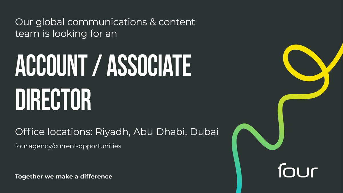 Four 's global communications & content team is looking for mid-senior hire, based in either our Saudi or Dubai offices. More info here t.ly/_oeBJ #TogetherWeMakeADifference #WeAreEpic