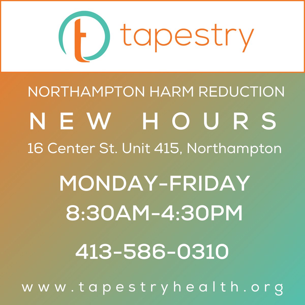 Tapestry's Northampton Harm Reduction site has new hours! 16 Center St. Suite 415, Northampton is now open Mon-Fri 8:30am to 4:30pm. We provide syringe services, Naloxone (Narcan) access and training, STI/STD testing, safer sex and use supplies, and more!  #harmreductionworks