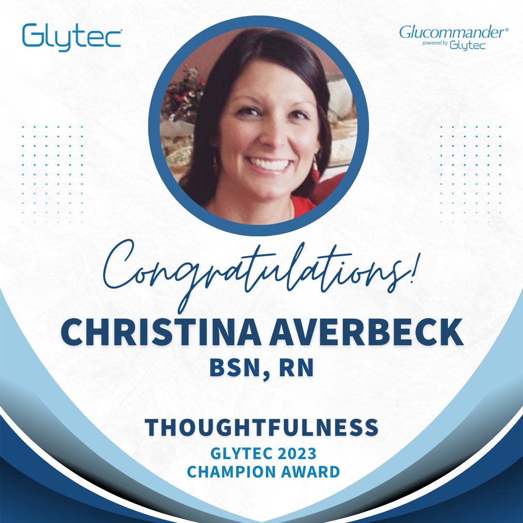 Let's shine a spotlight on Christina Averbeck of Sarasota Memorial Health Care System, our recipient of the Glytec Champion Award for Thoughtfulness. Her dedication to the Glucommander implementation, fostering collaboration and best practices is an inspiration to us all.