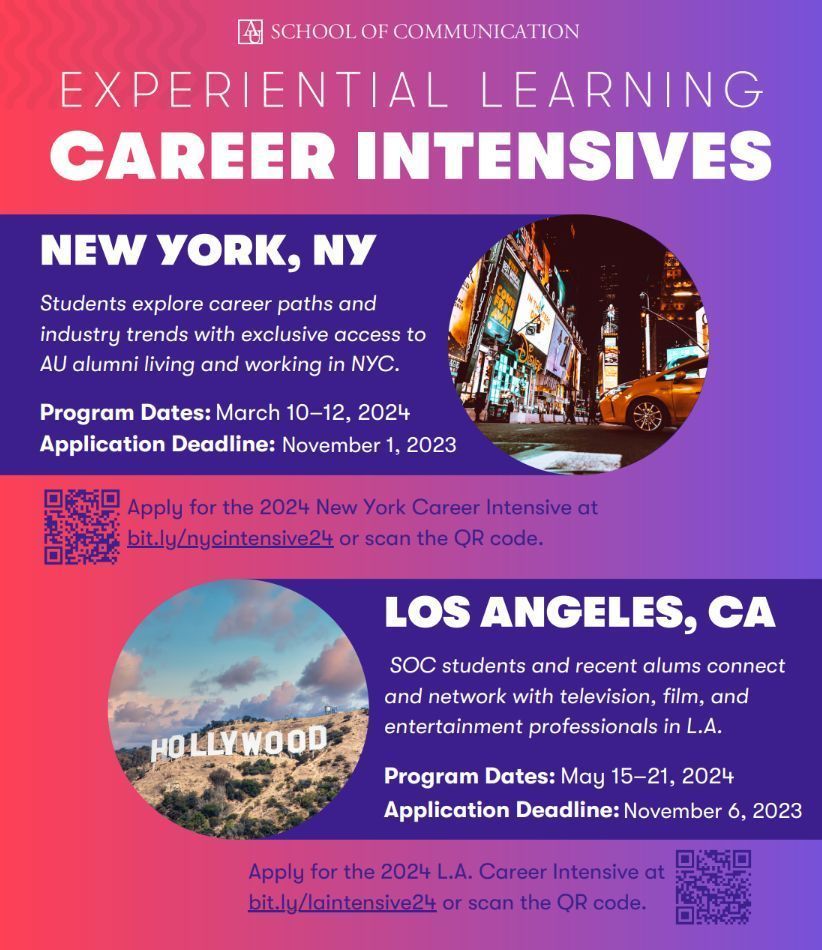 Deadlines approaching for two amazing opps to learn about industry trends or connect with alumni in tv, film + entertainment. N.Y. Career Intensive (Wed, Nov 1st - bit.ly/nycintensive24) and L.A. Career Intensive (Mon, Nov 6th - bit.ly/laintensive24). <a href="/AU_SOC/">AU SOC</a> <a href="/AUCareerCenter/">AU Career Center</a>