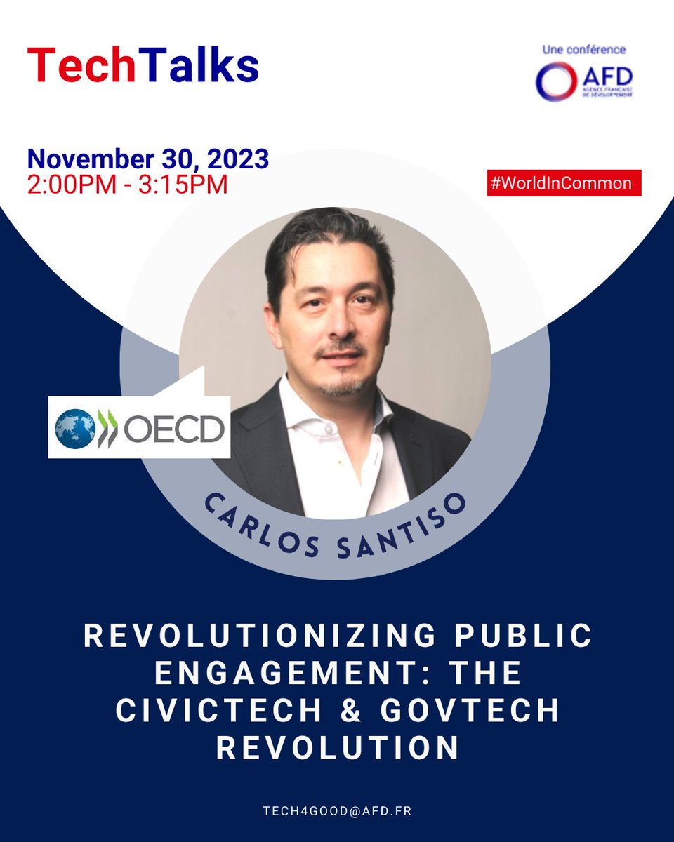 📆30/11 #AFDTechTalks : Revolutionizing Public Engagement : The CivicTech and GovTech Revolution

🗣️<a href="/carlos_santiso/">Carlos Santiso</a>, Head of Division - Digital, Innovative and Open Government, from the <a href="/OECD/">OECD ➡️ Better Policies for Better Lives</a>

✍️To register : afd.fr/en/actualites/…
