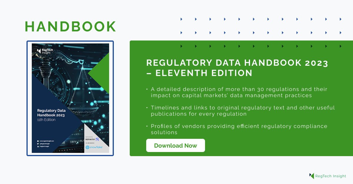 ATeamInsight's tweet image. New Handbook Download Available!

Get your copy of the 11th edition of the Regulatory Data Handbook!

Download here: a-teaminsight.pulse.ly/tshqu8ylca

#regulatorydata #regulations #AI #AIFMD #AMLD6 #MICA #MiFIDII #MMFR #FRTB #CSDR #DORA #CRD #APRA #MAS #SEC #SFTR #SMCR
