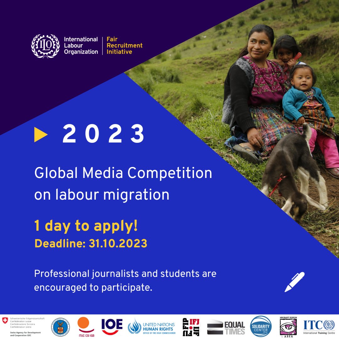 📷 Don't miss out! Tomorrow is the last day to send your best stories on migrant workers, forced labour, or fair recruitment!

Winners can choose between a cash prize or an <a href="/ITCILO/">ITCILO</a> training.

🗓️ Deadline: 31 October
🔗 bit.ly/gmc2023en

#Media4HumanRights #PeriodistasxDDHH