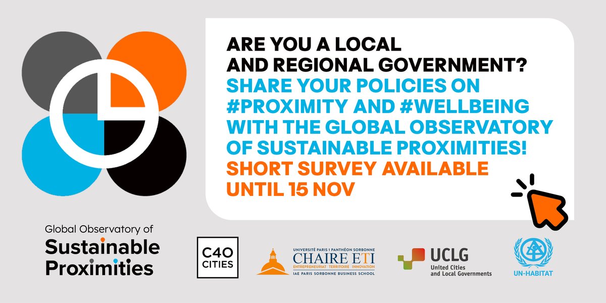 The Global Observatory of Sustainable Proximities is mapping #proximity-based policies & urban planning schemes🕒🚲🌳🏘️⛹️‍♀️🛍️🏥📚 If you are a #localgov, take the survey and share your experience! 👉docs.google.com/forms/d/e/1FAI… @uclg_org @Chaire_eti @c40cities @UNHABITAT