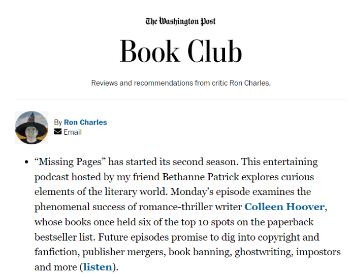podglomerate's tweet photo. "The entertaining podcast... explores curious elements of the literary world." 

Thank you to @washingtonpost's @RonCharles for the rave review of @misspagespod season two! 

Catch @TheBookMaven's latest investigations into the book world: https://t.co/5ZCKuRz22r https://t.co/KTtHBOnULn