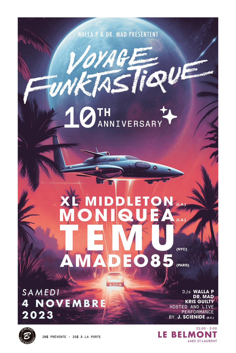 10th year Anniversary of <a href="/Voyage_Funk/">Voyage Funktastique</a> this upcoming Saturday, with a stacked line-up of regulars over the past decade.

<a href="/XLMiddleton/">XL Middleton</a> <a href="/1Moniquea/">Moniquea</a> <a href="/TemuMusic/">TemuMusic</a> Amadeo85 <a href="/JScienide/">J Scienide</a> and Kris Guilty.

Details here : facebook.com/events/s/voyag…