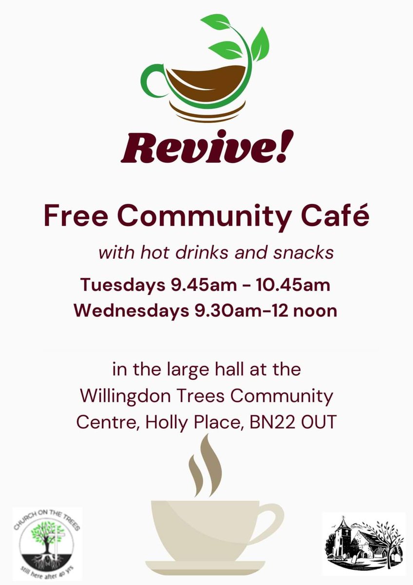 Willingdon_Tree's tweet photo. Join us for Revive! A free community cafe with free hot drinks and snacks.
Tuesdays 9:45am - 10:45am
Wednesdays 9:30am - 11am

There will also be a short informal service of worship on Tuesdays 11-11:40am https://t.co/cc3SLBuuMw
