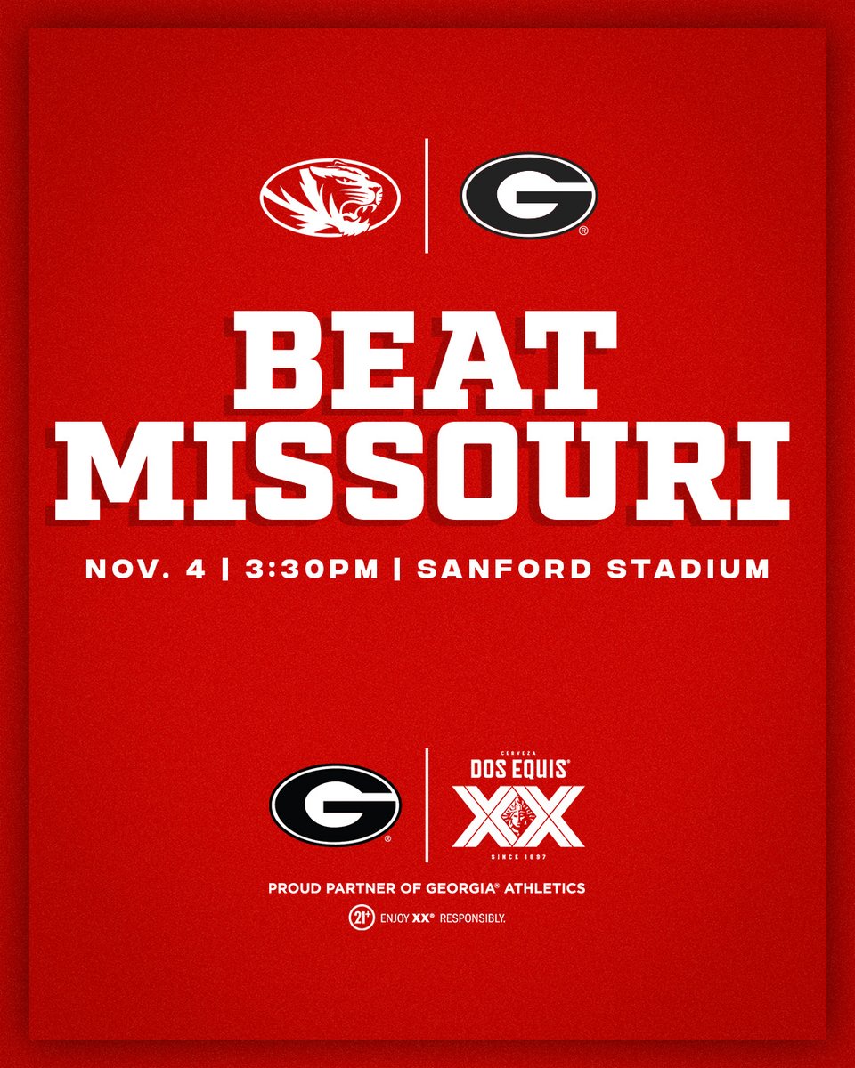 Back at home this Saturday for a top-15 matchup!

🆚: #14 Missouri
⏰: 3:30pm
📍: Sanford Stadium
📺: CBS

#GoDawgs | <a href="/DosEquis/">Dos Equis</a>