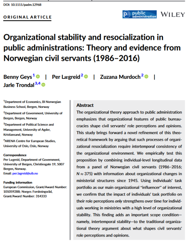 New research by Benny Geys, Per Lægreid, Zuzana Murdoch &amp; Jarle Trondal shows task portfolios affect employee opinions less in unstable organizational environments. This can have unintended consequences of (repeated) organizational reforms. Read more at: doi.org/10.1111/padm.1…