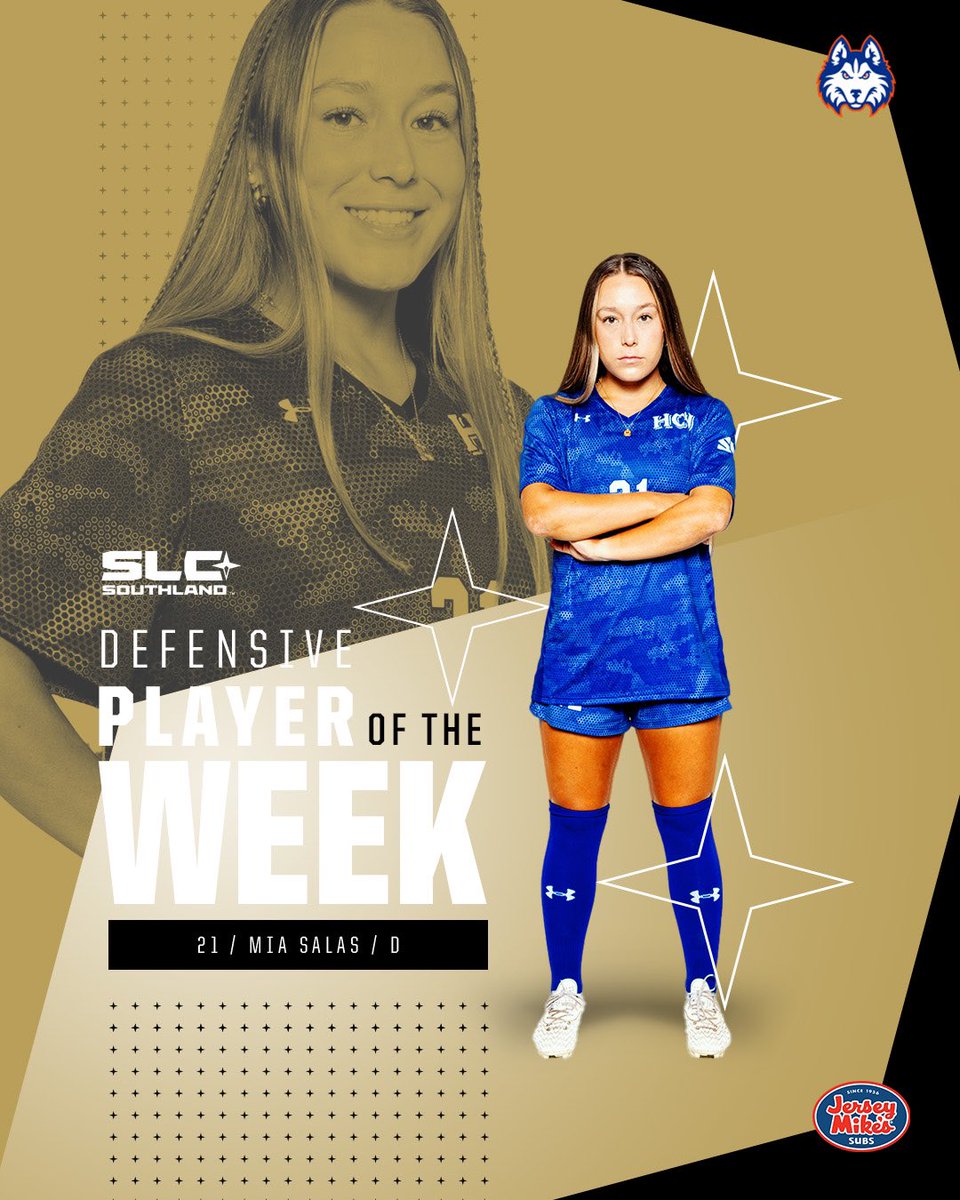 SouthlandSports's tweet photo. ⚽️ Congratulations to our final @jerseymikes SLC Women’s Soccer Players of the Week for 2023! Championship starts Wednesday!

GK - Gillian McKenzie, Texas A&amp;M-Commerce
DEF - Mia Salas, HCU
OFF - Cariel Ellis, Lamar

#EarnedEveryDay https://t.co/rL0qvlgoKh