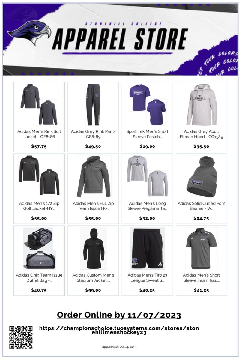 Our @stonehillHockey friends & family team store is now LIVE! Help support our team and purchase some new Stonehill hockey gear. The store will close on November 7th. Please note that 3Step does not ship items to Canada. #GoHill Team Store: championschoice.tuosystems.com/stores/stonehi…