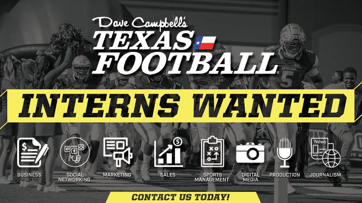 Dave Campbell's Texas Football is looking for kick-ass interns for the spring for class credit 🍑🦶 Specific areas of interest include: 💥 Social Media 💥 Editorial Writing 💥 Video Editing Interested? texasfootball.com/internships Email me at william.wilkerson@texasfootball.com