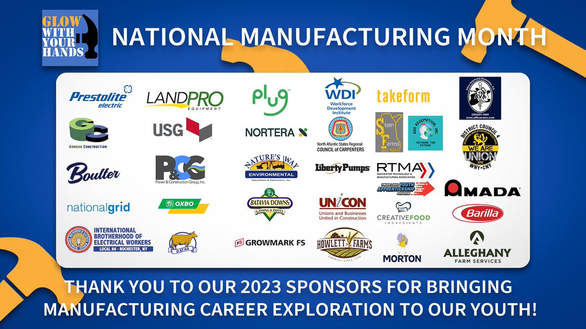 As we celebrate the final days of Manufacturing Month, we would like to recognize our Sponsors from our 2023 GLOWWYH Manufacturing.

Thank you for providing an interactive and engaging environment for students to explore what it is like to work in many different fields!