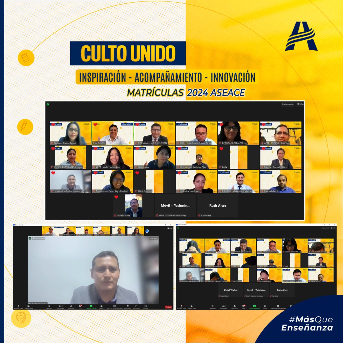 ✨ El culto unido como ASEACE fue un momento de inspiración, acompañamiento con el Pr. Omar Bullón, presidente de la   APCE  recordando que el camino hacia el éxito solo se consigue de la mano de Jesús , ¡Vamos por más alumnos matriculados para este 2024! 🚀📚 
 #Matrículas2024