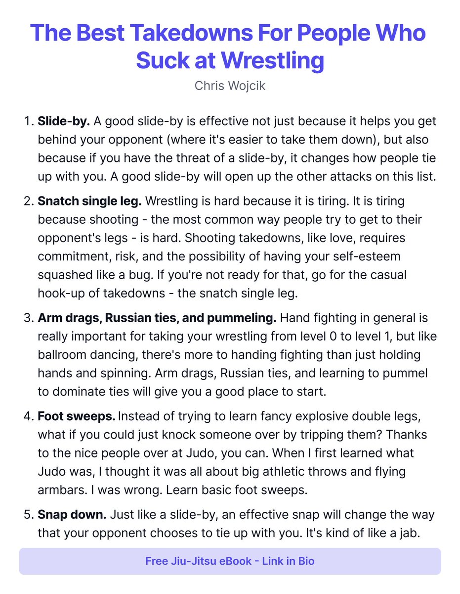 The Best Takedowns For People Who Suck at Wrestling

If you listened to my podcast on @bjjmentalmodels the other day, you might be looking for techniques that will help you build a strong (but safe) stand-up game.

Either way, here are 5 takedowns that I've been enjoying of late.