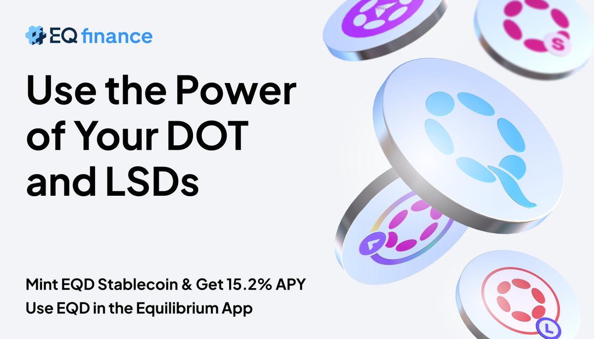 ⚡ JUST IN: EQ finance is now LIVE!

Equilibrium’s LSD portal empowers DOT and LSDs and provides access to instant dollar liquidity 💸💧

💪  With EQ finance, you can mint EQD stablecoin using your favorite DOT wrapper, such as <a href="/EquilibriumDeFi/">EQ finance ⚡ Empowering Liquid Staking</a> eqDOT, <a href="/AcalaNetwork/">Acala</a> LDOT,