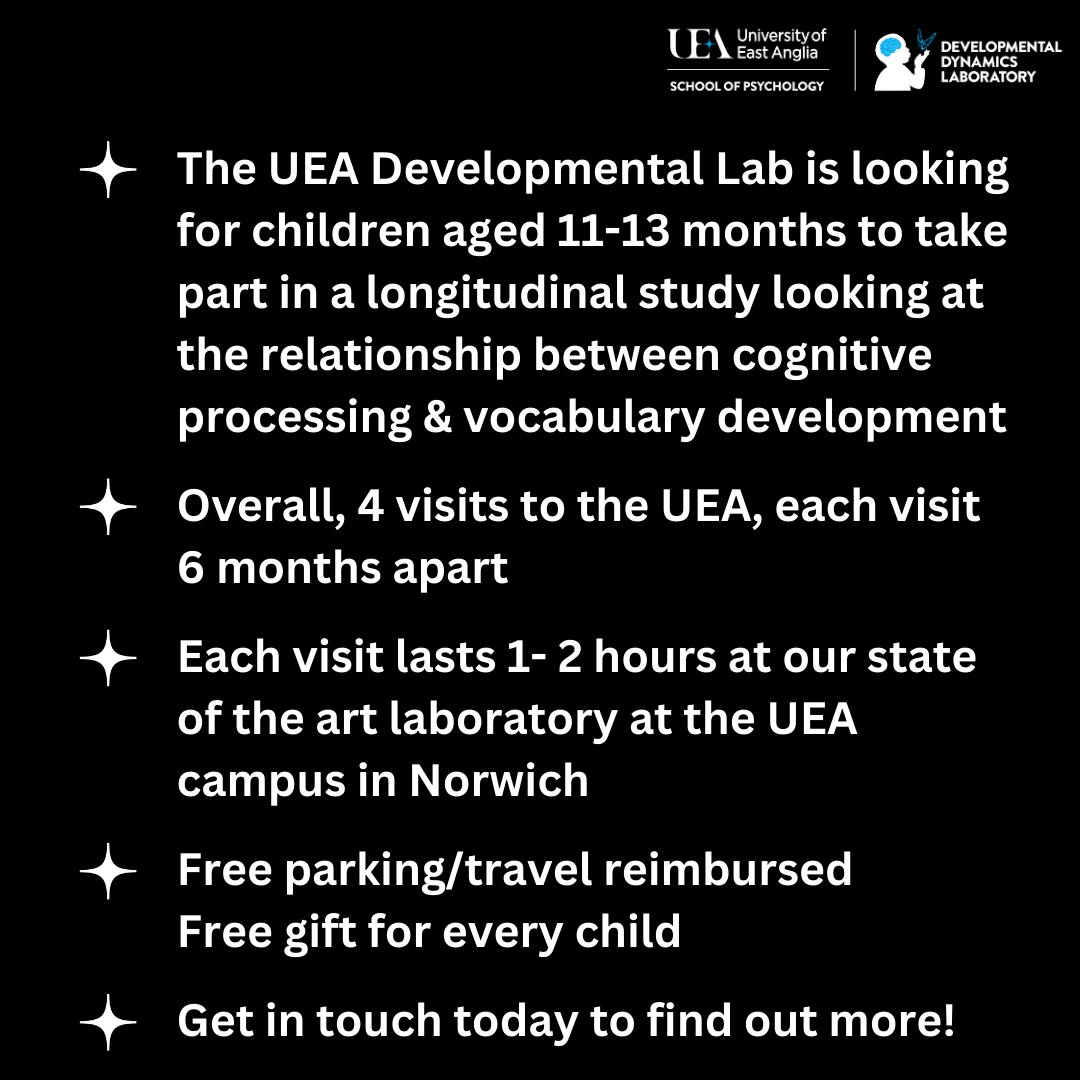 DDPSYUEA's tweet photo. Do you have a child aged 11-13 months old? We have a study that we would love to get you involved in.

The study is looking at the relationship between cognitive processing &amp; vocabulary development in toddlers. https://t.co/FiiOeOtZ42