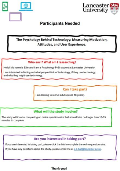 My PhD student Ellie is looking for participants (18+) to complete a short online study on people's attitudes to modern communication technologies.

If you are interested in taking part in the study, please click the link below:
lancasteruni.eu.qualtrics.com/jfe/form/SV_4N…

 Thank you!