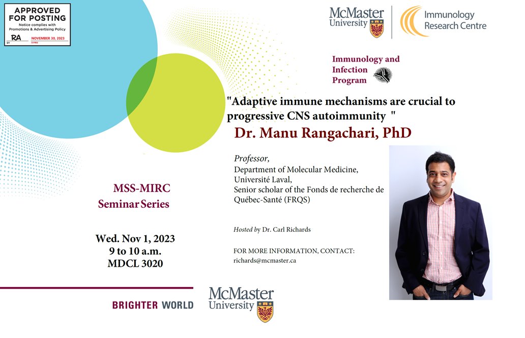 Join us this Wednesday for our MIRC seminar series! We are excited to host Dr. Manu Rangachari from the University of Laval.