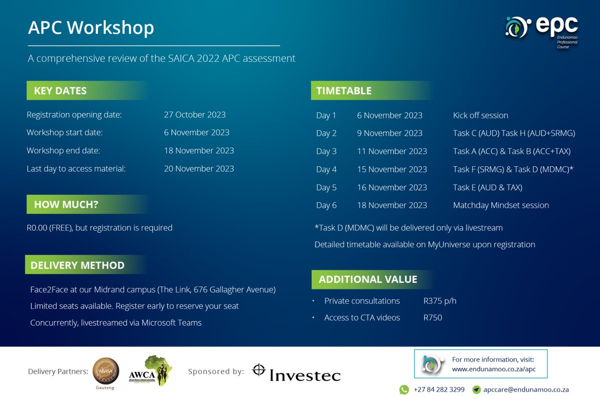 ABASAJHB's tweet photo. The APC Workshop kicks off in a week.

To register and for more information, visit: https://t.co/3ZLM07CeYe 

Brought to you by Endunamoo x ABASA x AWCA, sponsored by Investec.

#EndunamooxABASAxAWCA
#SponsoredByInvestec
#GetEmpowered
#APC2023

@Investec 
@AWCA_SA https://t.co/Qsen7tiNGy