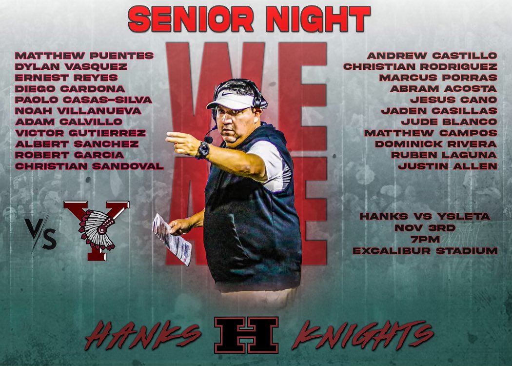 🔥GAME WEEK IN THE KINGDOM🔥#RiseAndConquer 
  
🗓: Friday 11/3/2023 (SENIOR NIGHT)
🏈: <a href="/Hanks_Football/">Hanks Football</a> vs. <a href="/YsletaHS/">Ysleta HS</a> 
🏟: Excalibur Stadium
⌚: 7:00 PM 
🎟: $5 - Adults $3 - Students

Ticket Sales: yisd.net/Page/16431