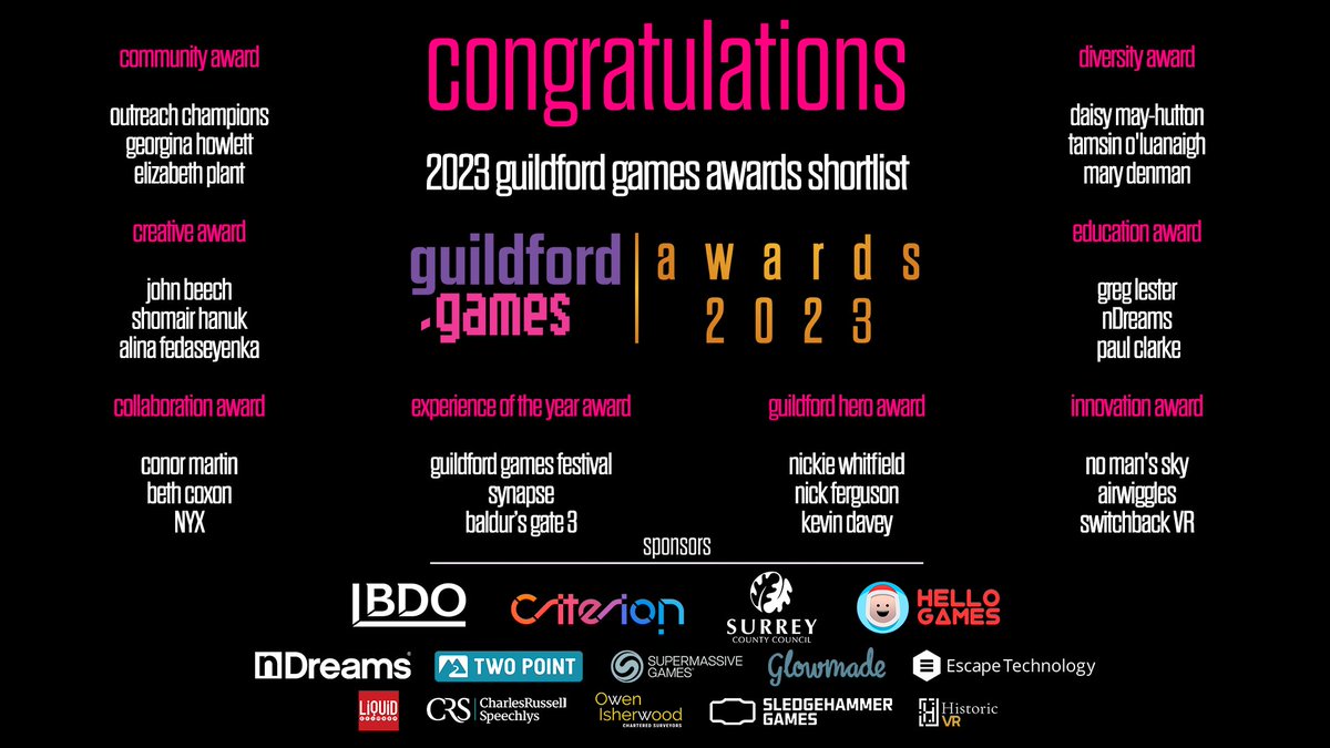GUGamesFest's tweet image. We're STOKED to reveal the shortlist for the Guildford.Games Awards! 🤩

A huge congratulations to all shortlisted, you deserve it! 👏👏👏 And thank you to our judges for whittling the nomination list down! 

2023s Awards will be a night to remember! 🎉

#GuildfordGames