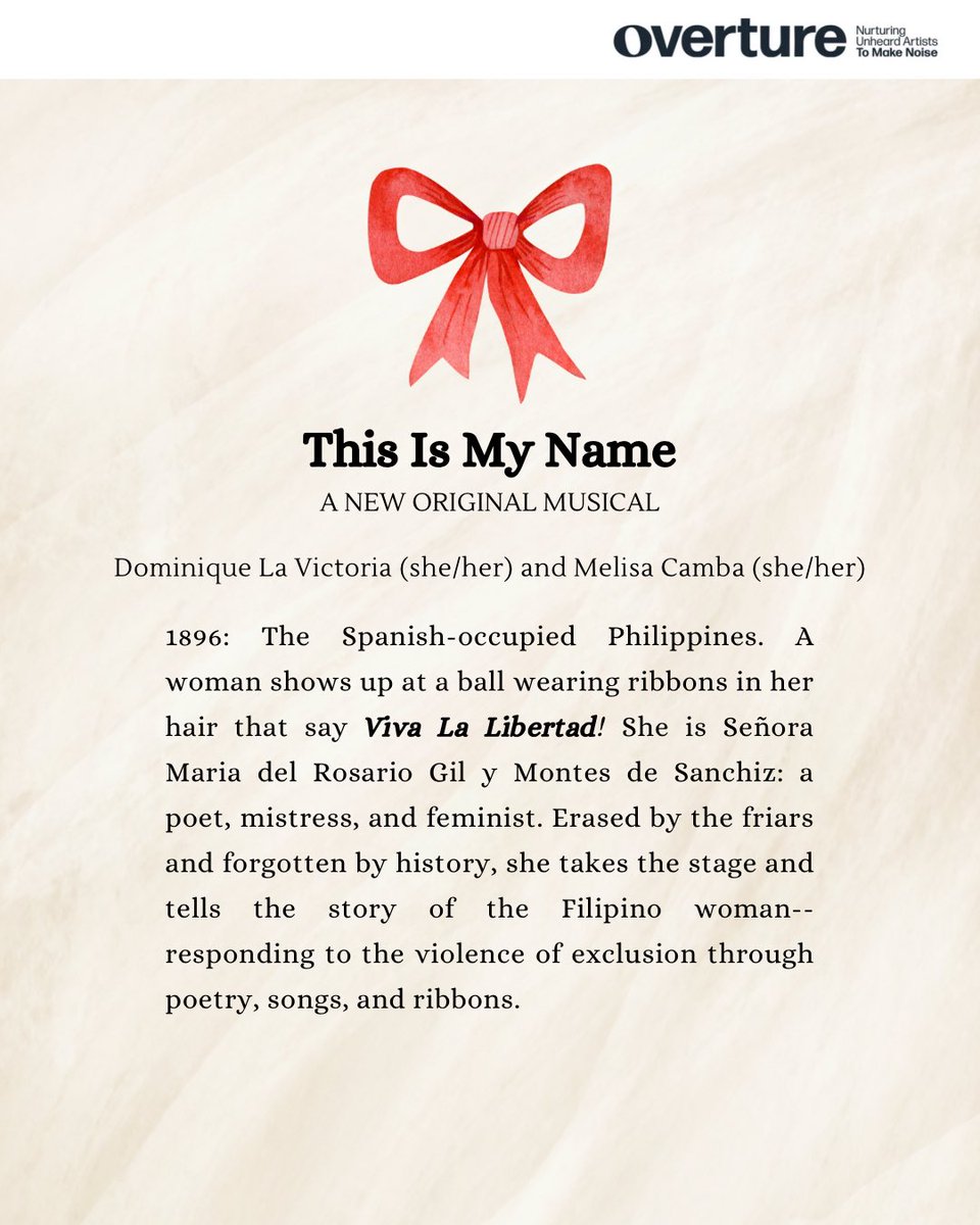 Theatre Twitter, do your magic! 🎉🎀

Introducing the new #musical that <a href="/melisacamba/">Melisa Camba (she/her)</a> and I are developing under the Overture Program: This Is My Name 

Catch us and 5 other teams debuting new musicals at <a href="/TheOtherPalace/">The Other Palace</a> London 1 Dec

♥️and RT🙏🏽 

🎟️ bit.ly/overturetix