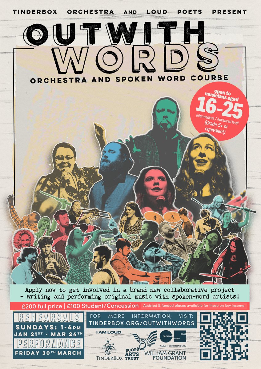 _Tinderbox's tweet photo. We are so excited to announce our new Tinderbox Orchestra Course 'Outwith Words'; a collaborative project  between Tinderbox Orchestra and @IAmLoudPro.
Bringing together a full orchestra with spoken word artists, you will compose and perform original music over a 10 week course! https://t.co/B20gAtgJxb