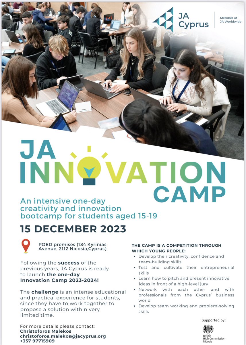 📢 Join us at the Bi Communal Innovation Camp on December 15th! Register your school by 3/11 at jacyprus.org/en/innovation-…. We extend our gratitude to the #BritishHighCommission for their invaluable support. #InnovationCamp #CommunityCollaboration