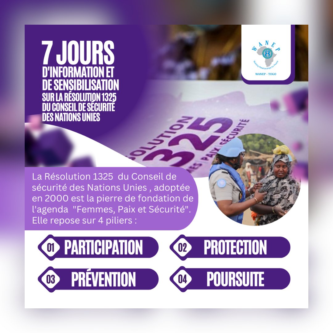 Les 7 jours de sensibilisation sur la résolution 1325 du Conseil de Sécurité des  Nations Unies sont lancés.
Les femmes ne sont pas que des victimes, elles peuvent participer à la construction de la paix.
Ensemble engageons nous pour l'application de RCSNU1325 au Togo

#wps2023