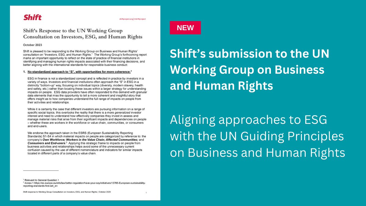 For the future of people and planet, it’s vital that financial institutions – including investors – align their approaches to #ESG with the UNGPs. Read Shift’s recommendations in our submission to the UN Working Group on #BizHumanRights here 👉bit.ly/40fjft2