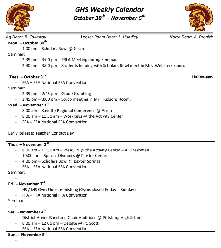 Weekly Calendar 10/30-11/5/2023