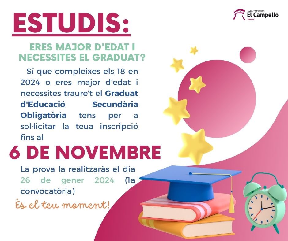 ElCampelloAyto's tweet photo. @ElCampelloJove  ✍🏻🎓Solicitud de inscripción para realizar las prueba para que las personas mayores de 18 años puedan obtener e titulo de graduado en educación secundaria obligatoria https://t.co/NlNrAE1Vlz https://t.co/Fap45PS0ep