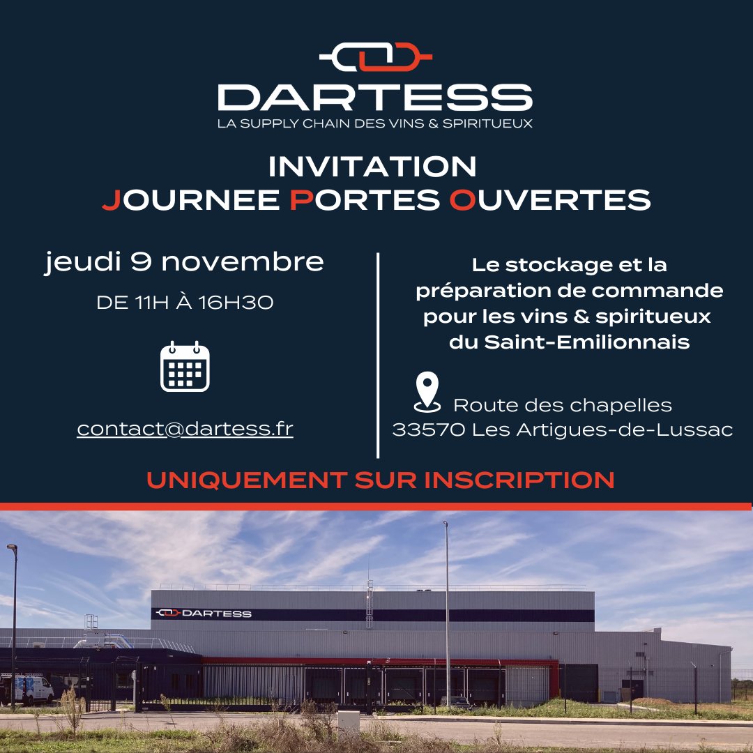 [C NOUVEAU] Inscrivez-vous à la Journée Portes Ouvertes de notre nouveau site #logistique dédié à l'#entreposage des #vins et #spiritueux pour le #vignoble du libournais
📍 Artigues-de-Lussac
📅 Jeudi 9 novembre de 11h à 17h