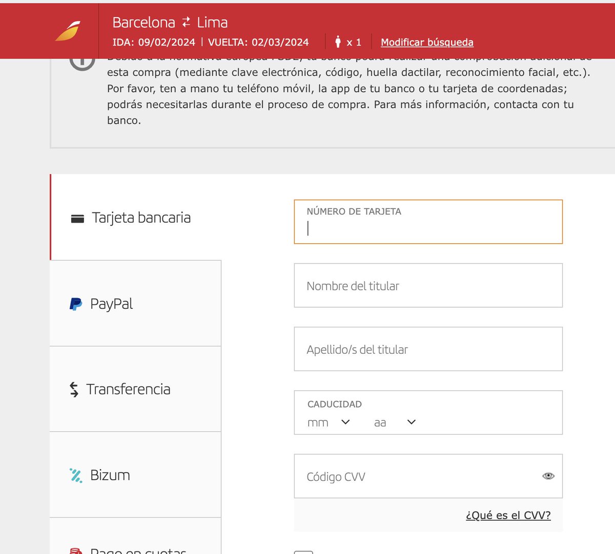 vanderstigel's tweet photo. @Iberia_fr : you have an issue at your payment gate on your website. Impossible to enter the card numbers and CVC to make the payment. Are you aware of it ? (I'm on Google Chrome) Let me know https://t.co/fZq2HSup3j