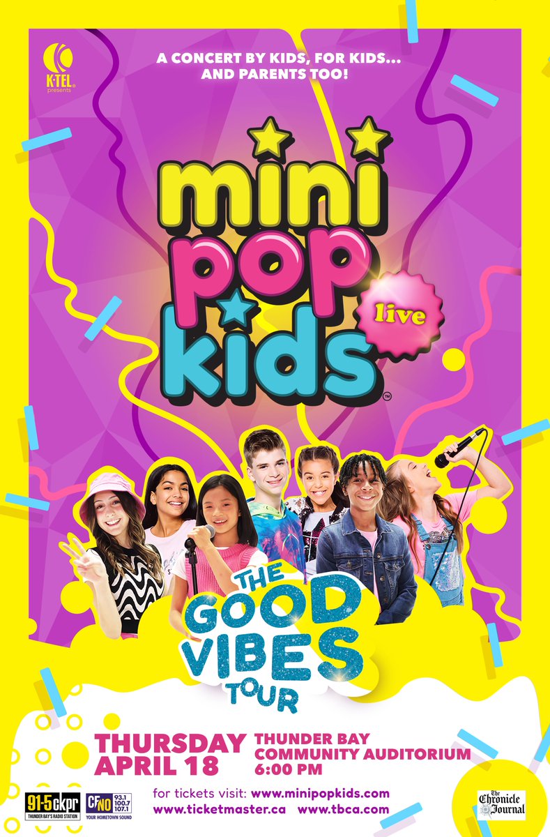 MINI POP KIDS LIVE will be live at your TBCA on Thur, April 18, at 6 PM. Ticket go on-sale Fri, Nov 3 at 10 AM, with a venue presale starting on Thurs Nov 2, at 10 am at ticketmaster.ca  Presale code: poplive
Come sing &amp; dance to all your favorite songs!