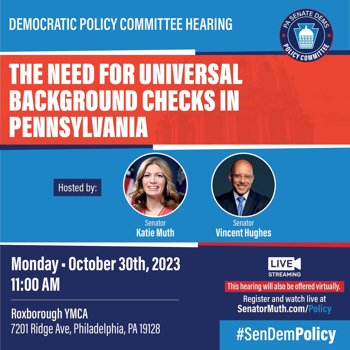 🚨STARTING SOON: Tune into <a href="/SenatorMuth/">Senator Katie Muth</a> and <a href="/SenatorHughes/">Senator Hughes</a>' policy hearing on universal background checks in PA. There are so many popular, commonsense ways we can make PA safer from gun violence. Listen live online to hear about safe communities for every Pennsylvanian.