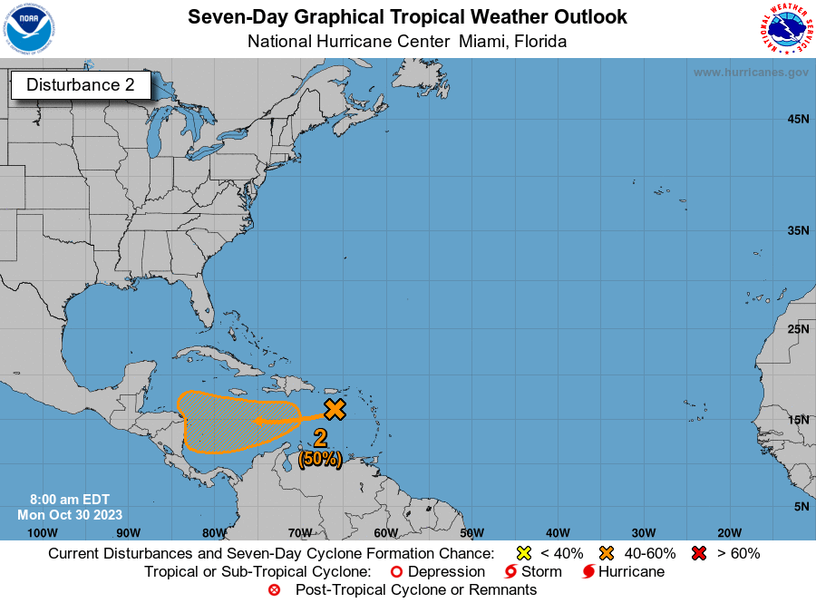 HuracanesQRoo's tweet photo. Buenos dias, se podría formar una depresión tropical a mediados de esta semana a medida que este sistema se mueva hacia el oeste a través del Mar Caribe. La probabilidad de desarrollo es de un   10% en 2 dias y un 50% 7. Próximamente #INVEST97L @VivoEnCancun https://t.co/xzgIFjGpF2