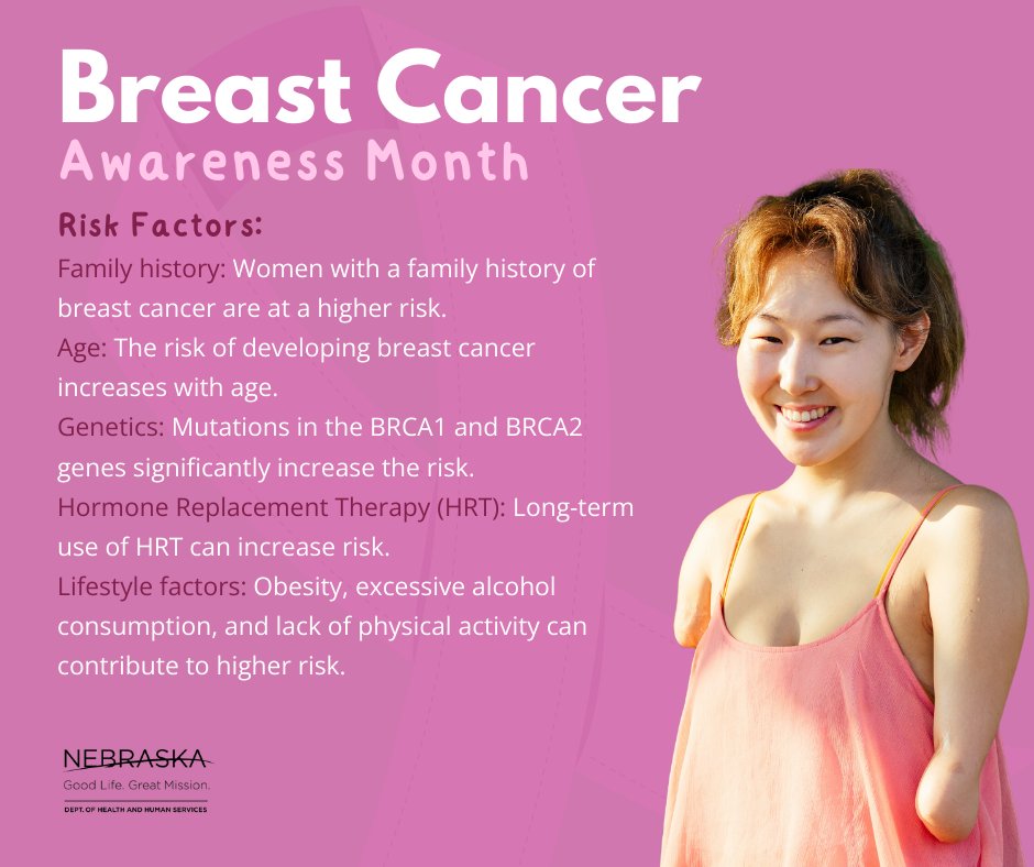October is Breast Cancer Awareness Month! Ways you can help reduce your risk: 
• Check your family history and talk to your doctor 
• Be physically active 
• Ask your doctor about the risks of taking hormone replacement therapy or birth control 
visit cdc.gov/cancer/breast/…