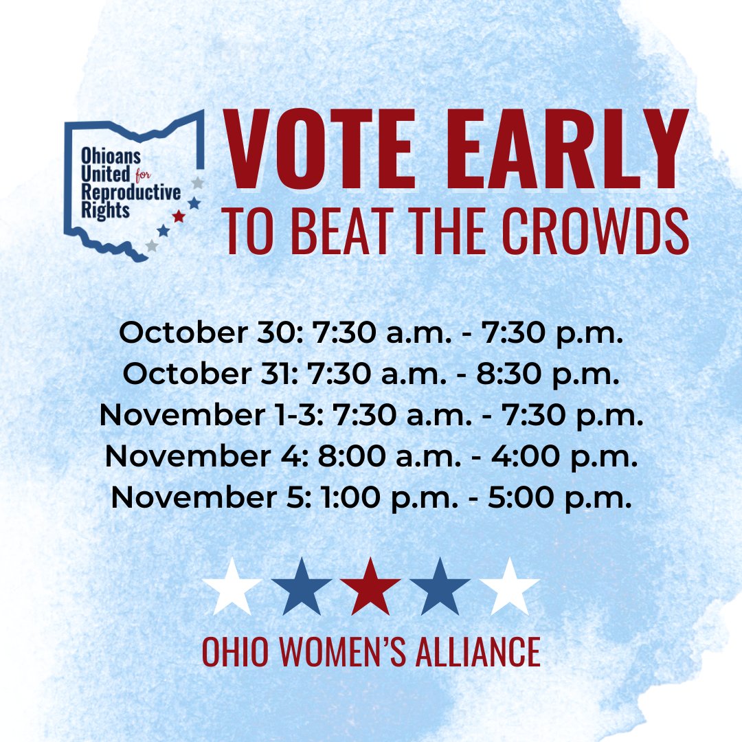 OHWomenAlliance's tweet photo. Confirm your Early Voting Location and make your plan to beat the crowds! https://t.co/CGZqGsSLYp
#VoteYesInNovember #OURRohio #abortion #reproductivejustice #ohio #ohpol #vote #EarlyVoting https://t.co/EffeWQTb3v