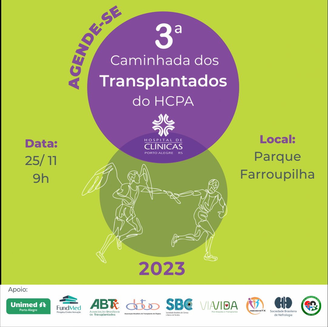Programe-se para participar!! 

Caminhada dos transplantados do CHPA

📅 25 de novembro (sábado) -  Às 9h
📍Av. João Pessoa - Farroupilha, Porto Alegre

#transplantados #pacientetx #transplatedeorgaos #abto #abtx #portoalegre