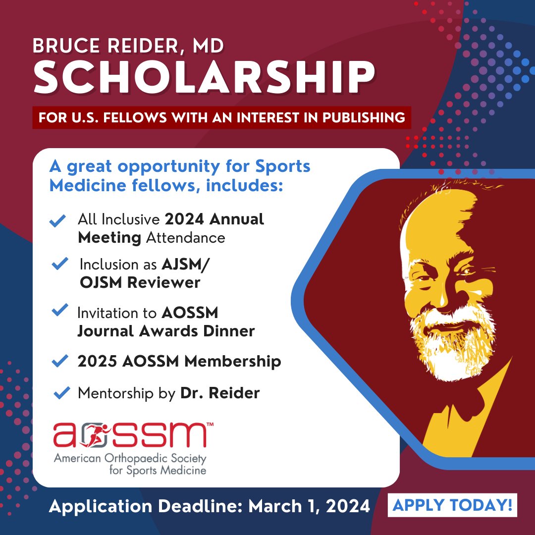 This scholarship opportunity is open for US Sports Medicine Fellows passionate about publishing 🏥 The winner will win prizes such as an AJSM Editorial Board meeting invite, 1-year AOSSM membership, and more! Apply at ow.ly/Yjba50Q1eQz #SportsMedicine #Orthotwitter
