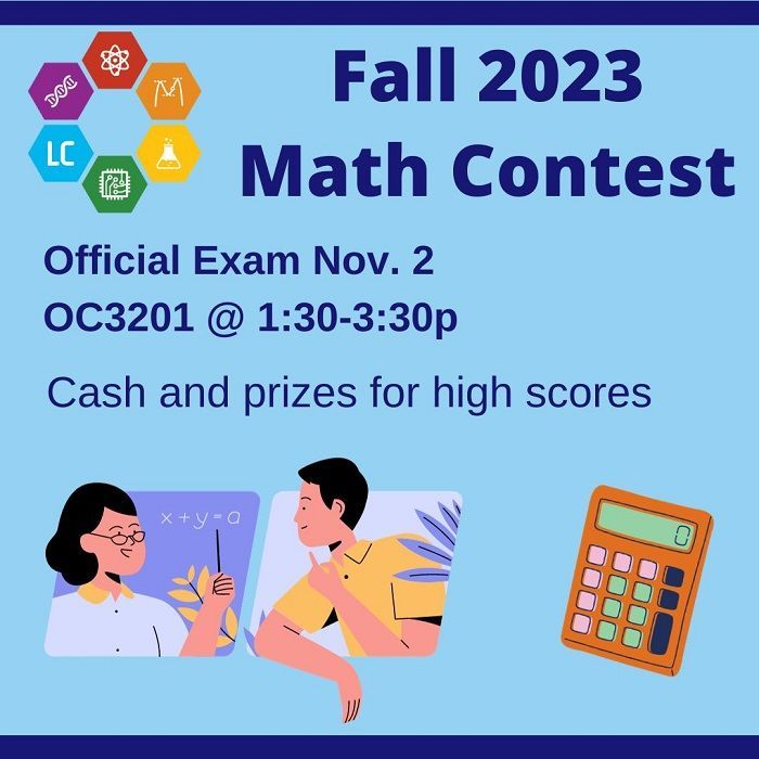 MiraCostaSTEMLC's tweet photo. The #AMATYC math contest is back! But only for a week. 😄

*Official national exam: Nov. 2 (testing window 1:30-3:30p) in OC3201
*College-wide contest: Nov. 3 - 9 at the STEMLC
Allow yourself 1 hour for the exam, and bring a photo ID. 
https://t.co/B8FmFdvpPQ 
#miracostaSTEMLC https://t.co/coLpEuSqQO