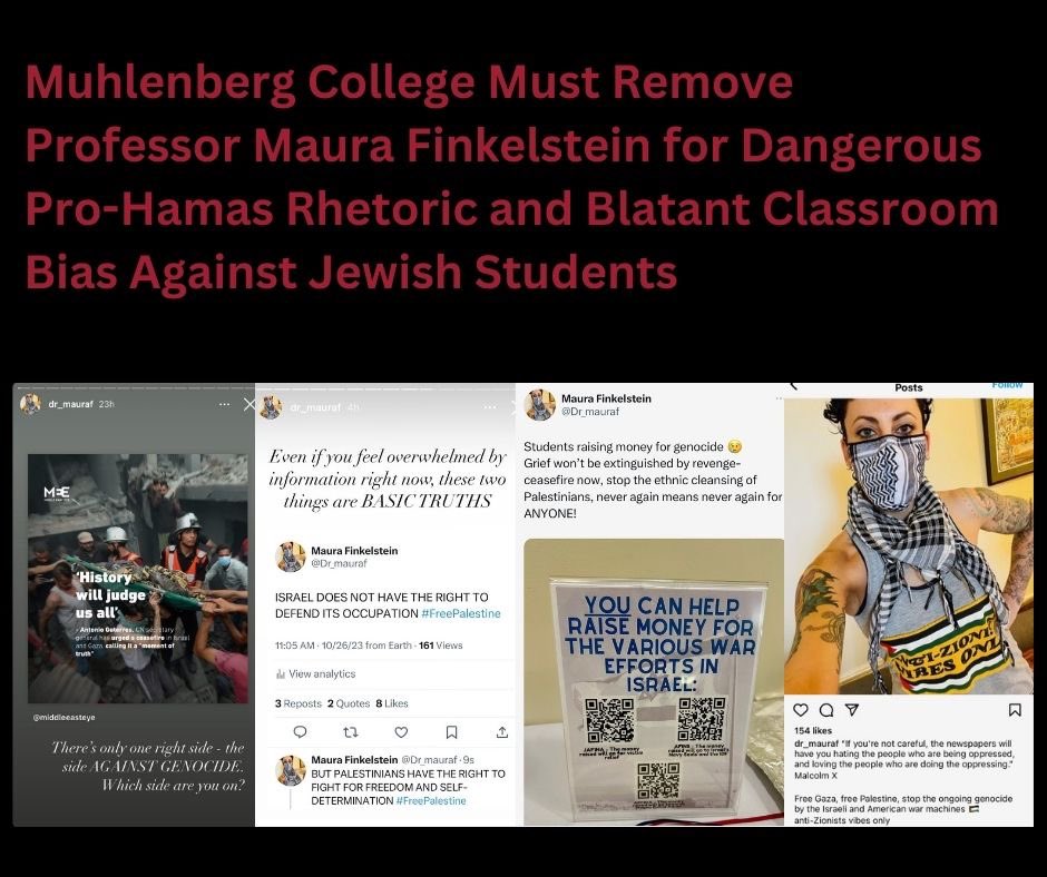 dhalp397's tweet photo. Muhlenberg College must remove Professor Maura Finkelstein for her dangerous pro-Hamas rhetoric. Professors who glorify Hamas, create an unsafe classroom culture, and cyberbully students &amp; alumni, have no place at Muhlenberg or on any college campus.

https://t.co/laqec8OEFk https://t.co/xhj4Oii4dj