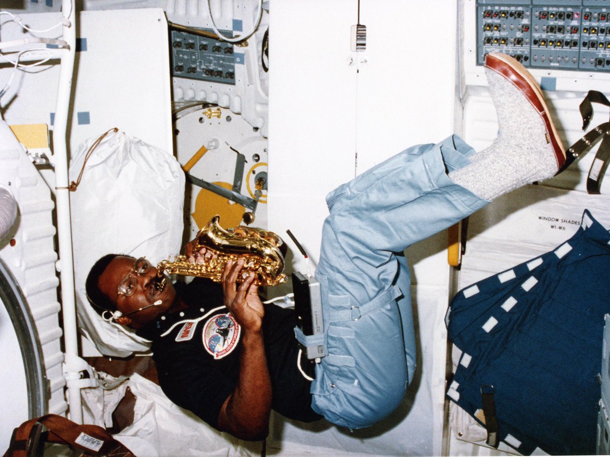 SPACE FANS - get your zero gravity jollies off by listening to our chat with <a href="/Roblcope/">Rob Cope</a> (photo of Ron McNair playing the saxophone in space which must be shared as often as possible)